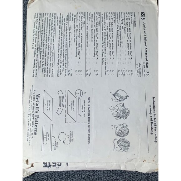 McCalls 6515 Misses Smocked Hats Pattern 21.5"-22.5" - Picture 3 of 4